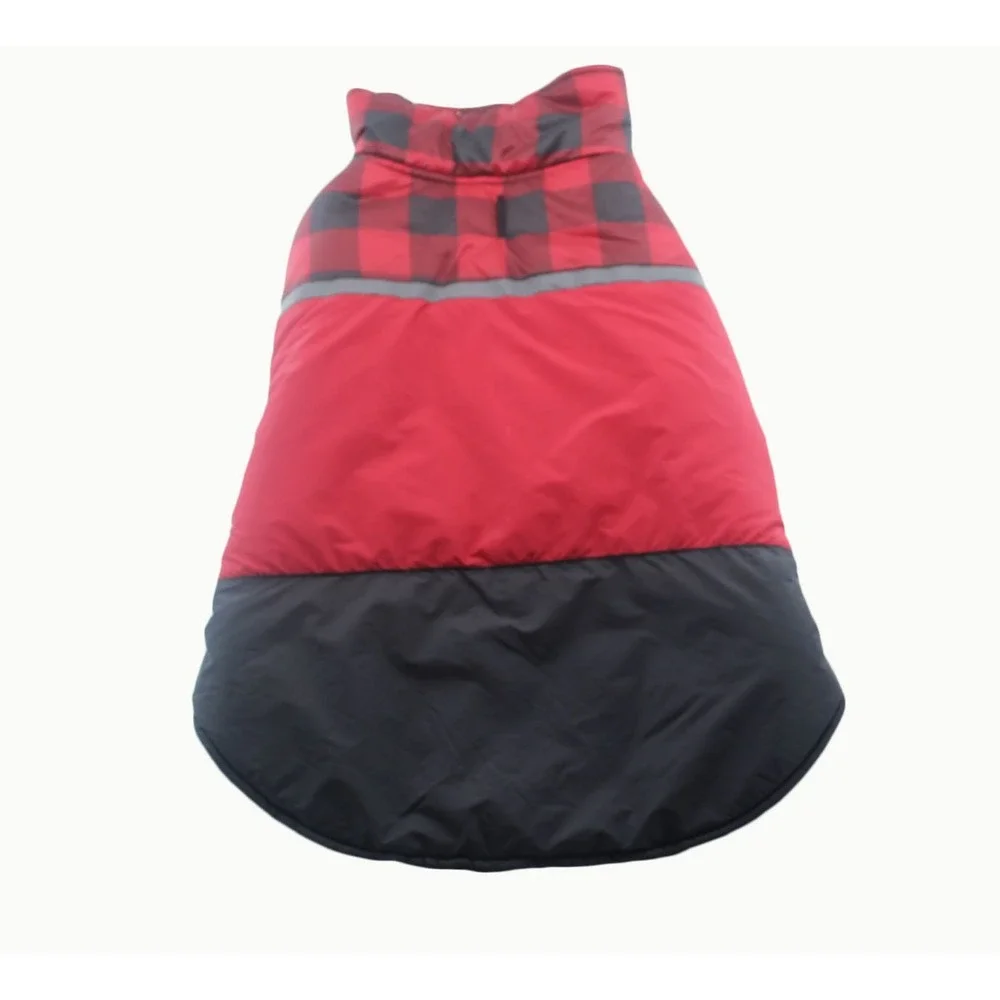 Pet Dog Puffer Vest Red Black Buffalo Plaid Quilted Lightweight Large Reflective